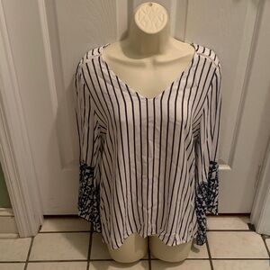 Fever White Top with Navy Stripes & Embroidered Bell Sleeves